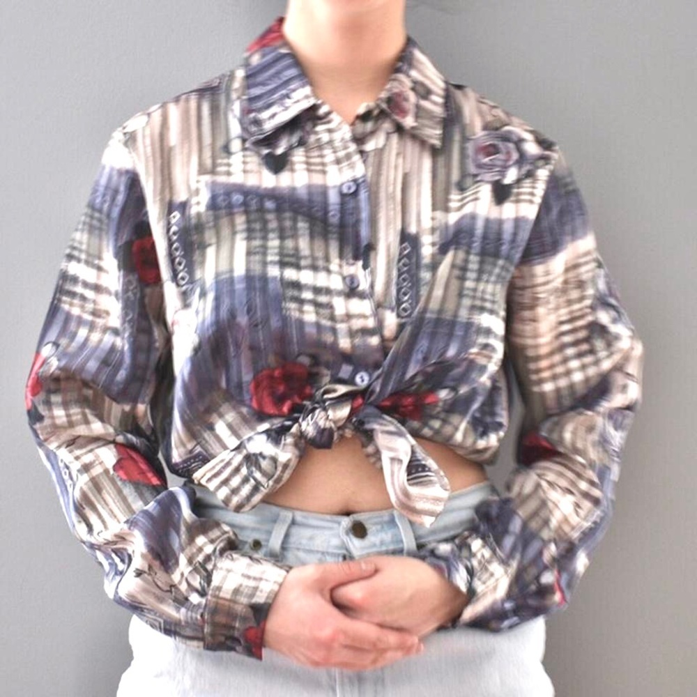 Vintage Shiny Metallic Blue & Gray Floral Button Down Business Casual Top